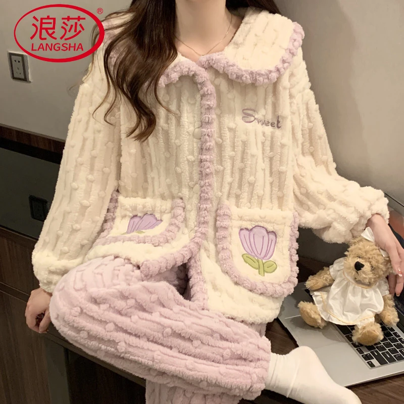 浪莎冬季加绒加厚珊瑚绒女士睡衣娃娃领少女大码学生甜美风家居服