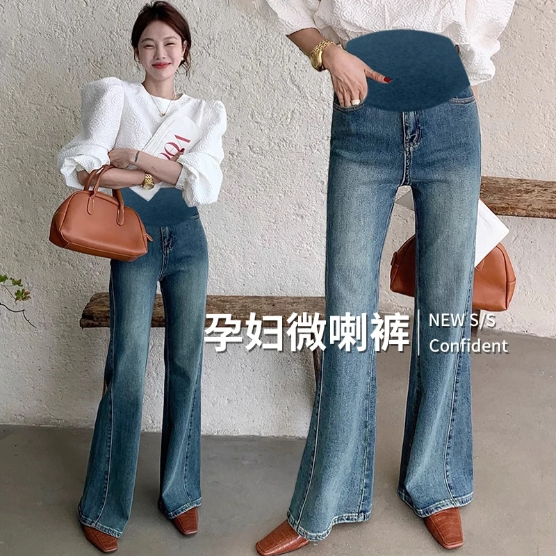 【晴晴】春秋新款2025时尚外穿复古孕期弹力休闲镰刀裤喇叭裤