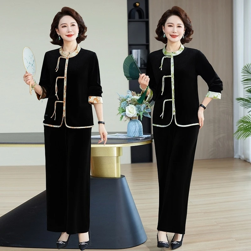 中年妈妈春装新中式套装2025新款洋气小衫中老年女装时尚国风衣服