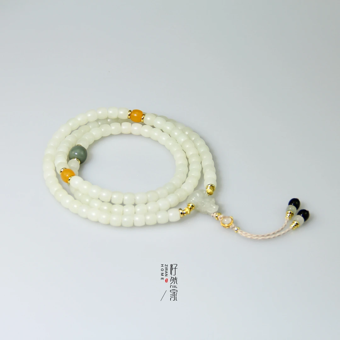 天然新疆和田玉且末老熟料直切108颗佛珠卡8mm项链（多样性发其一）