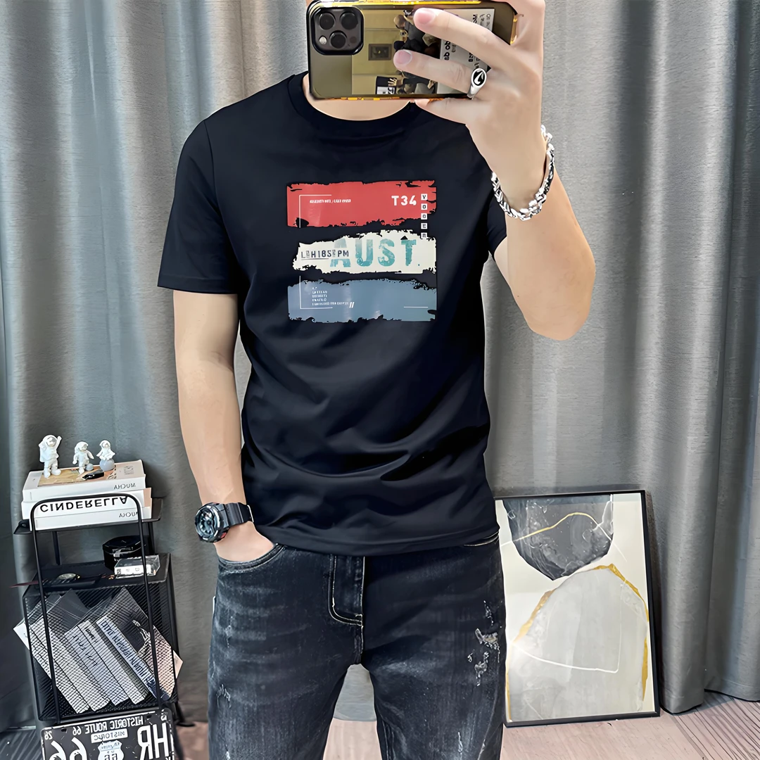 夏季修身时尚个性字母印花潮流丝光短袖t桖男韩版青年圆领半袖T恤