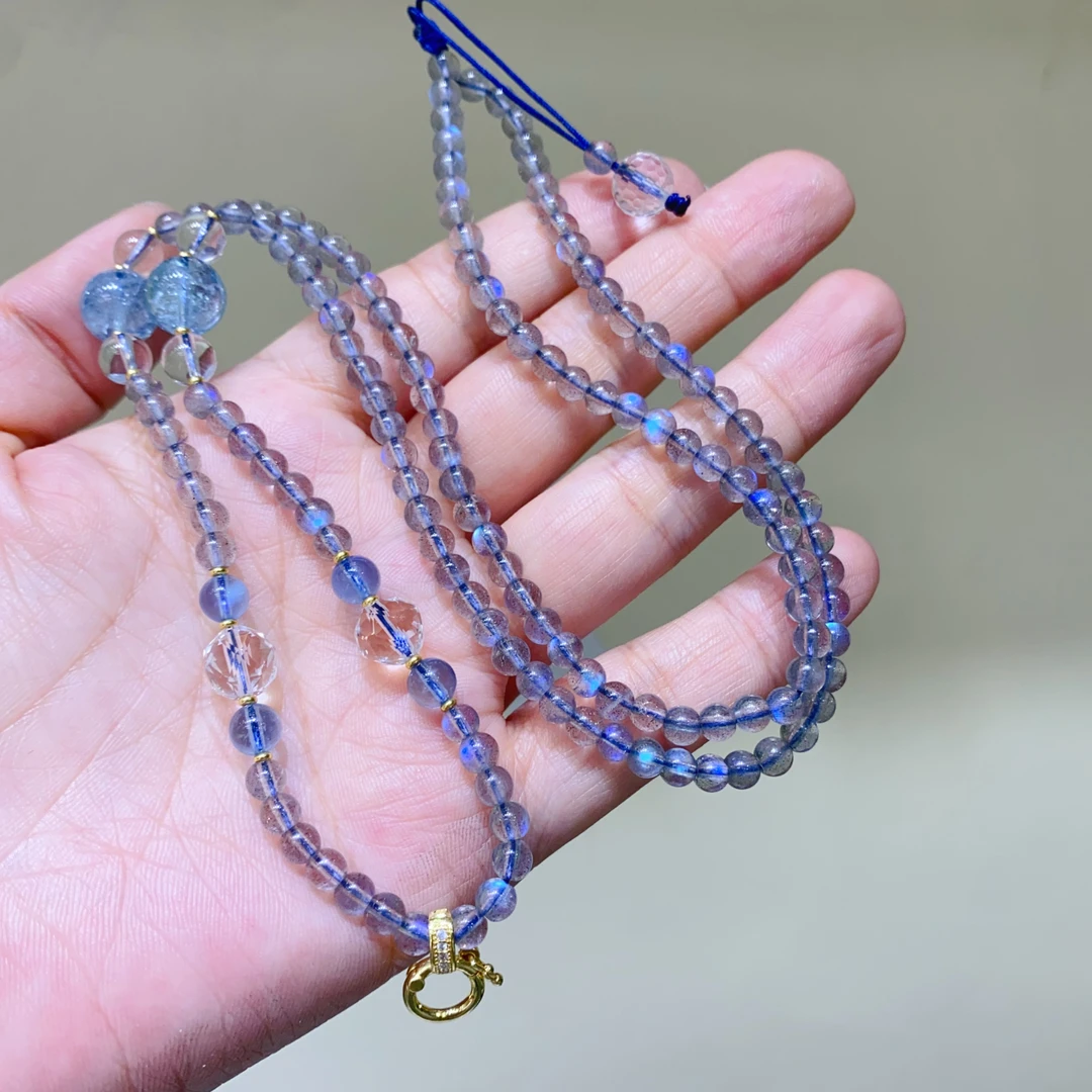 天然玻璃体拉长石小灯泡珠链项链万能扣吊坠链灰月光石长石女士