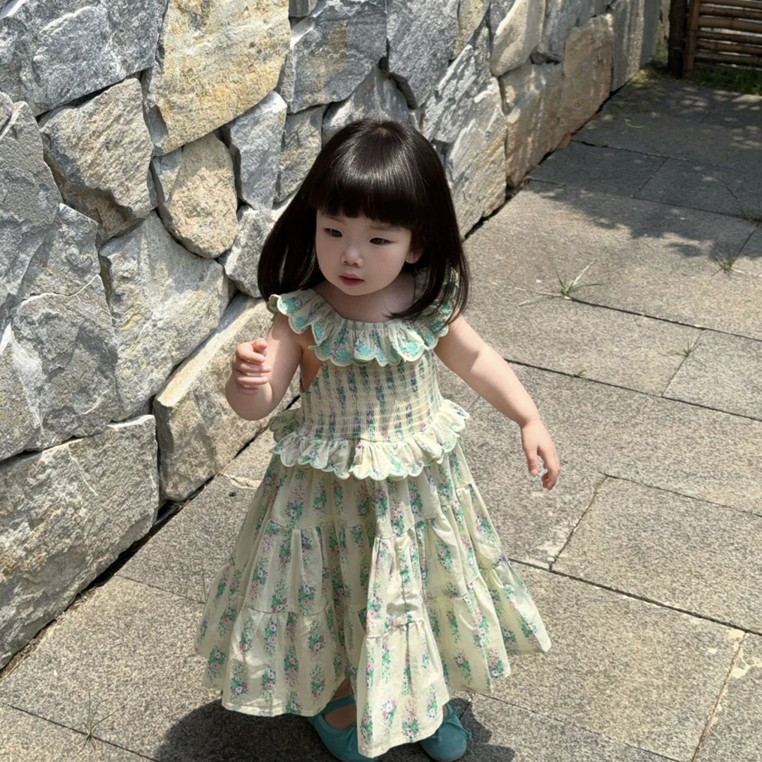 壹妈韩版女童连衣裙夏季儿童洋气小女孩公主裙绿色碎花吊带背心裙