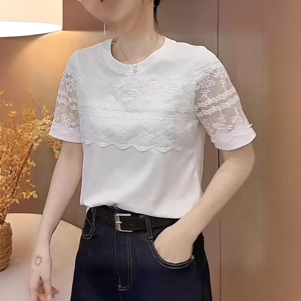 【晨浠定制】新款时尚百搭绣花蕾丝拼接上衣7151