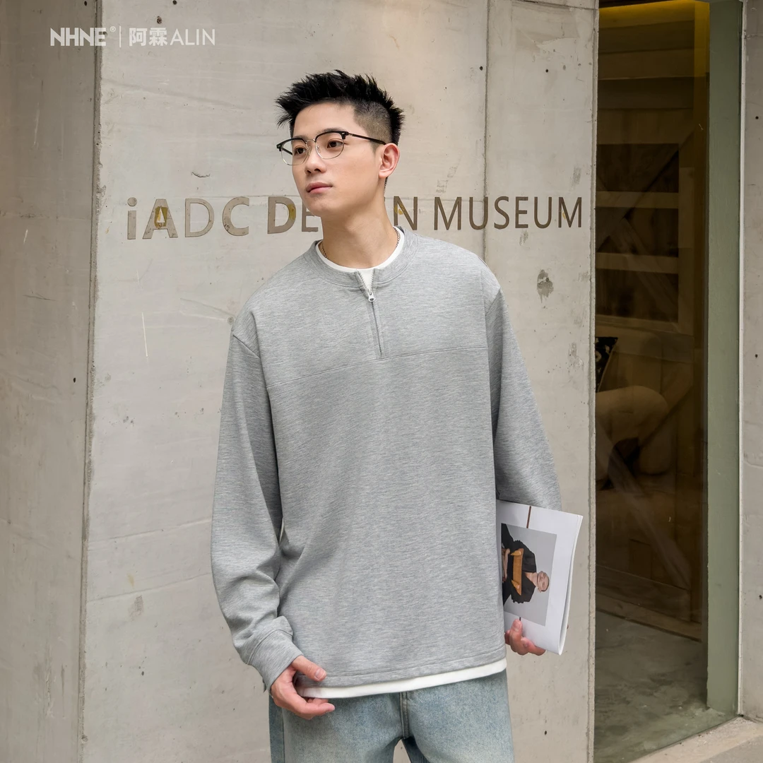 【阿霖ALIN】半拉链拼接假两件设计款上衣春季时尚百搭圆领长袖T恤