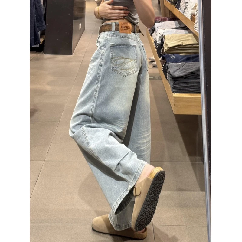 水洗蓝猫须纹弯刀牛仔裤男款秋季美式高街vibe裤子垂感宽松阔腿裤