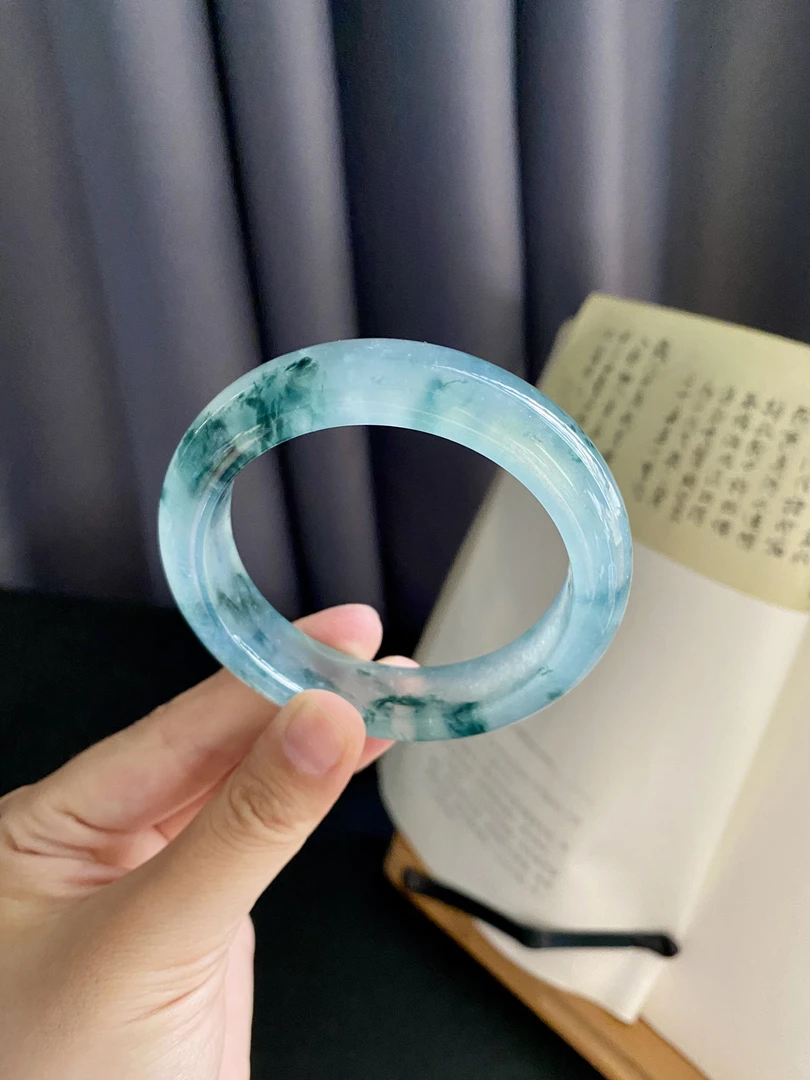 冰种冰透冰飘蓝花正圈时尚女士翡翠玉石手镯定金链接1w