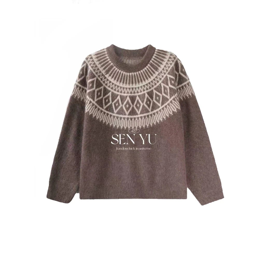 SENYU【费尔岛】冬季百搭复古撞色重工拉绒提花针织套头衫
