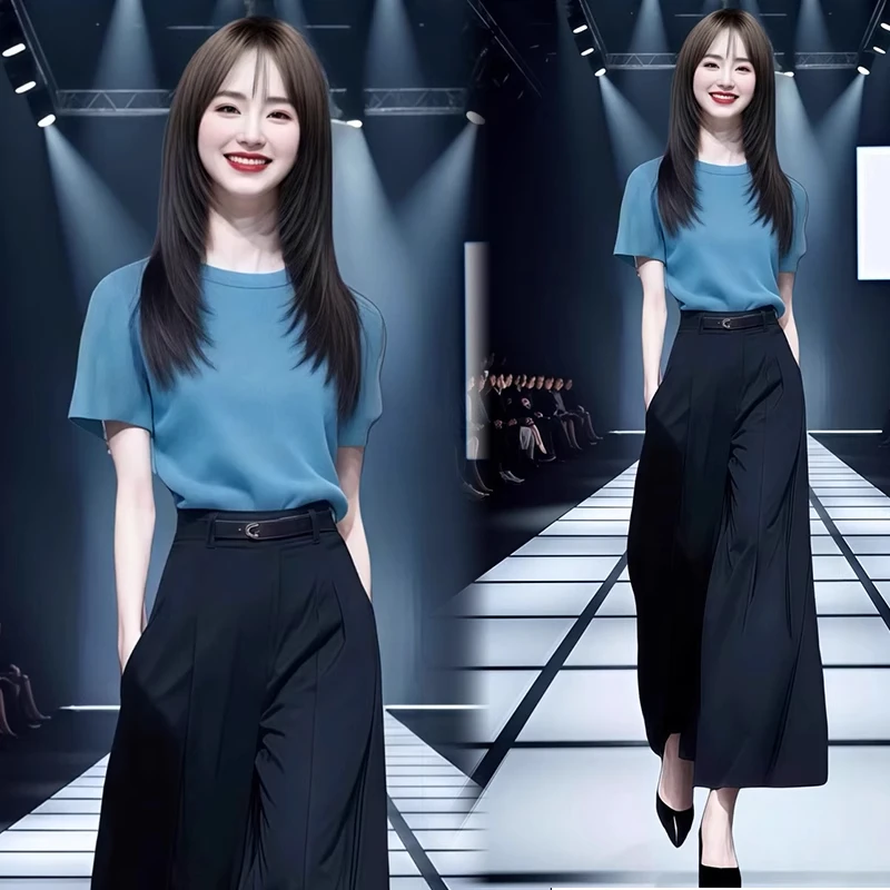 时尚套装女2025夏季新款洋气显瘦冰丝针织短袖上衣阔腿裤两件套潮