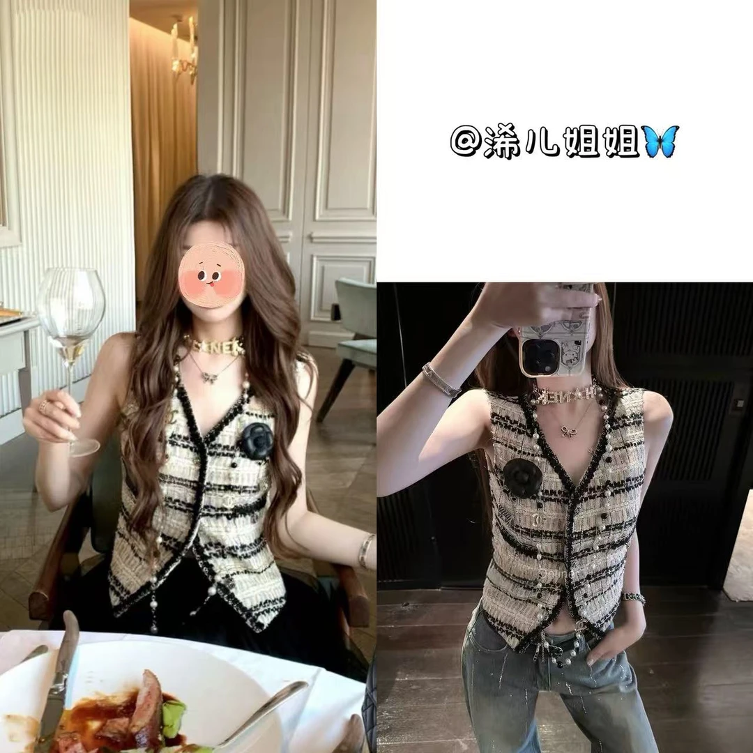 （浠儿姐姐）小香风马甲短款上衣气质千金感复古百搭粗花呢v领背心