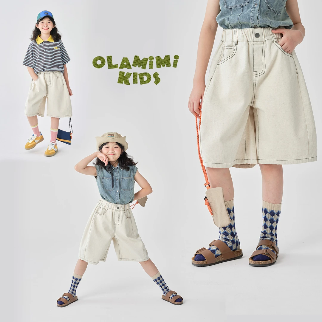 OLAMIMI定制 2025夏 亲子中性休闲宽松原胚色明线亚麻牛仔五分裤