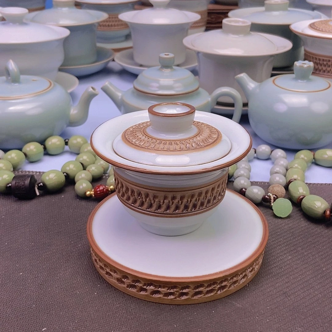 杯重工跳刀月白元宝盖碗原矿原釉原产地