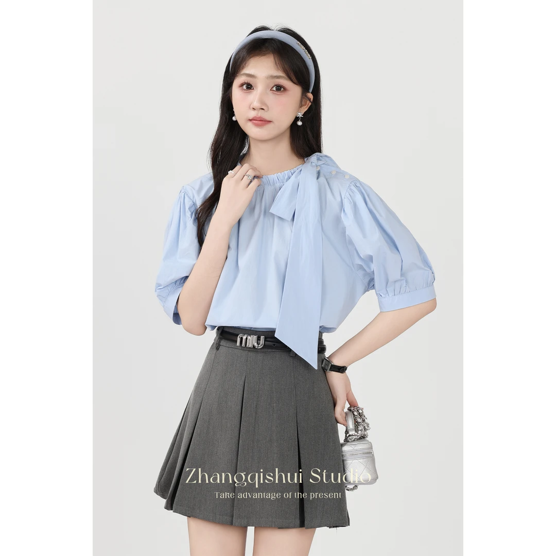 张汽水法式系带蓝色别致衬衫女装设计感绝美气质上衣Z08823