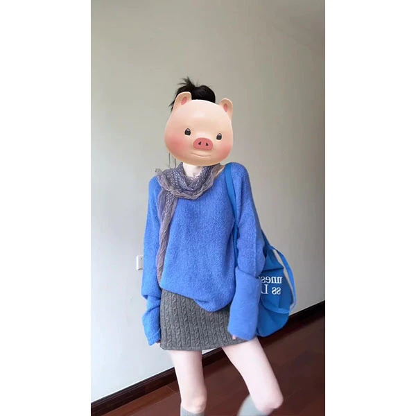 （现货）宽松套头蓝色毛衣女秋冬针织衫上衣+麻花针织短裙女套装