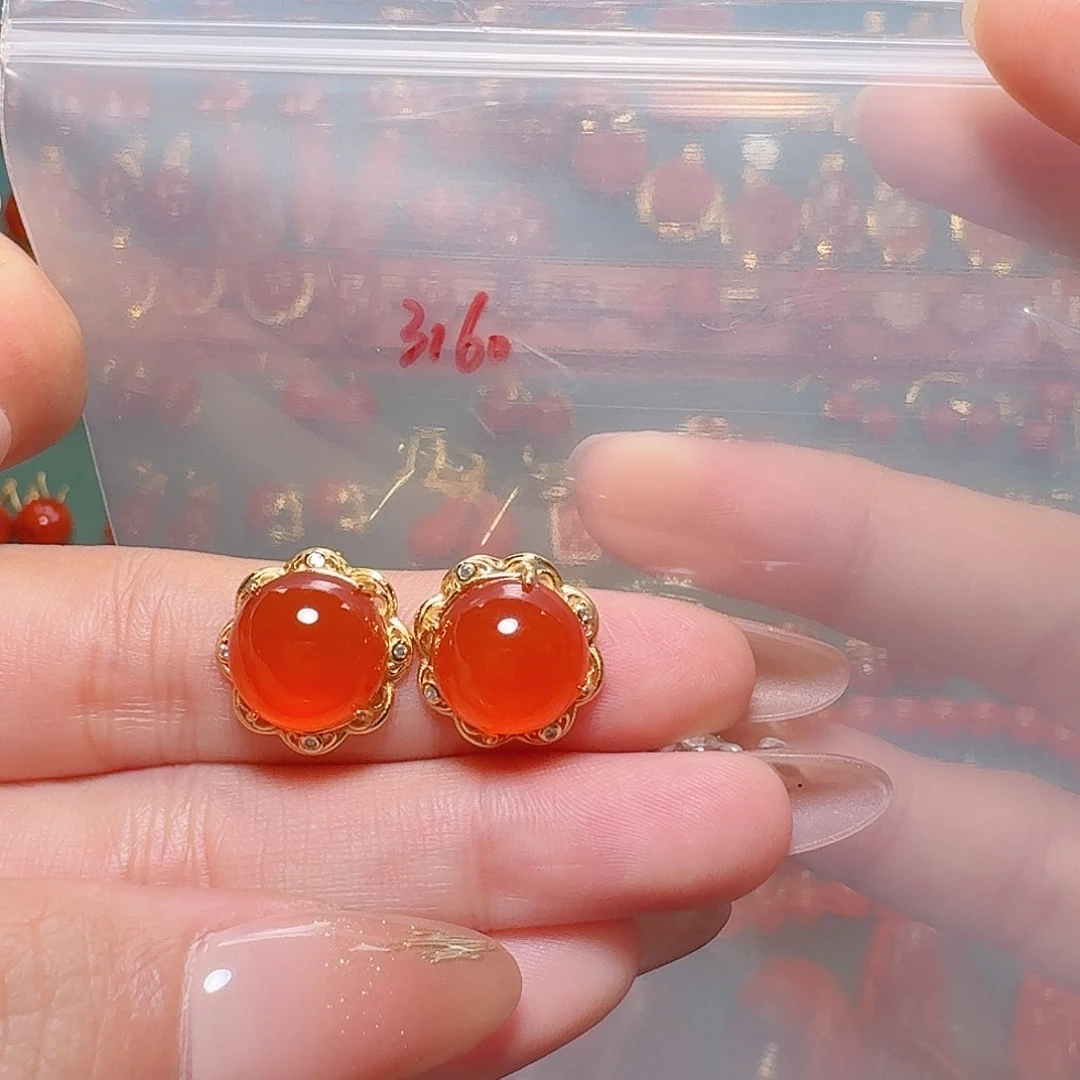 南红玛瑙银S925镶嵌耳饰