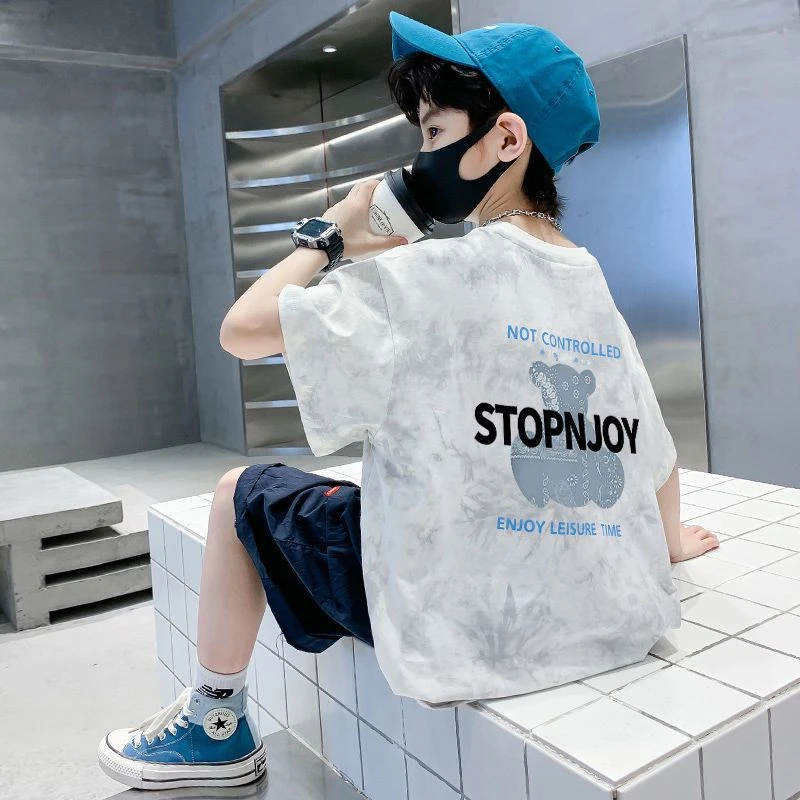 男童短袖t恤2025新款中大童夏季休闲男孩纯棉儿童夏装体恤扎染潮T