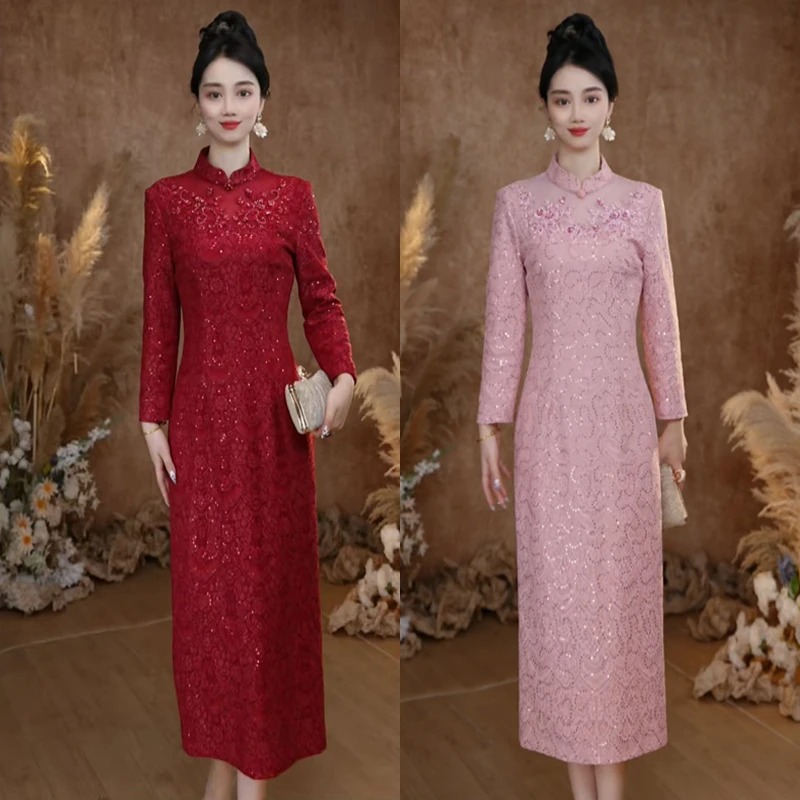 粉色新中式改良旗袍裙时尚喜婆婆妈妈蕾丝气质优雅中长款连衣裙