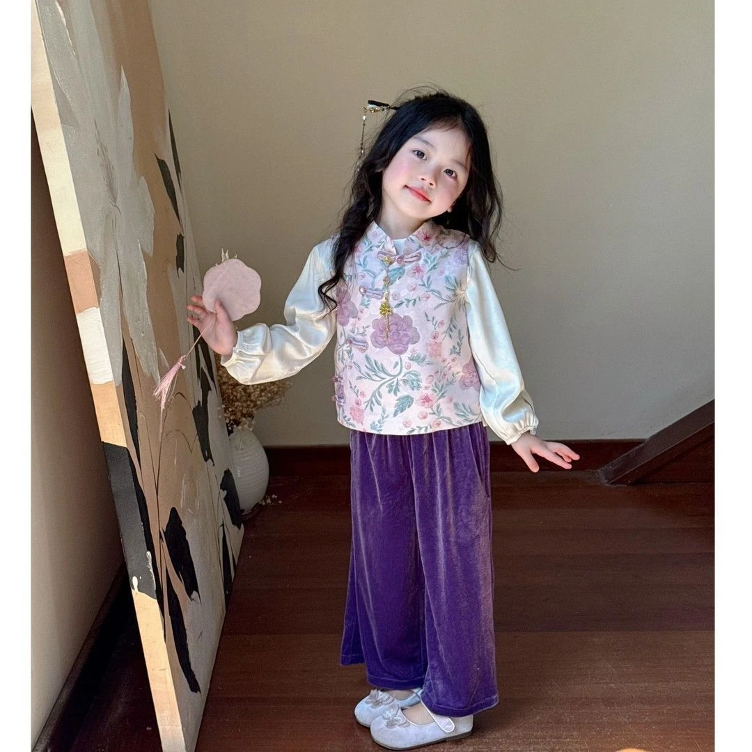 儿童马甲国风女童新中式唐装套装日常可穿春秋女宝宝紫色汉服