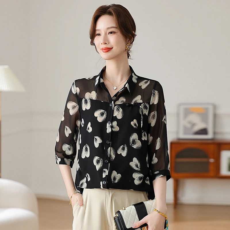 中年妈妈夏装印花雪纺衬衫2025新款洋气小衫中老年女装宽松上衣服