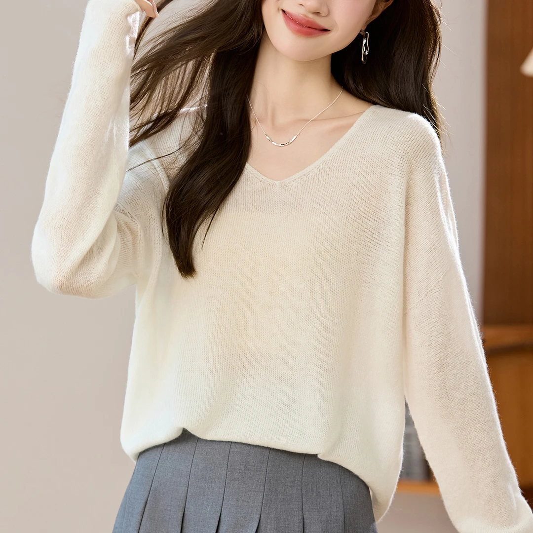 V领毛衣宽松短款大码打底上衣2025新款秋冬薄款羊毛衫女100纯羊毛