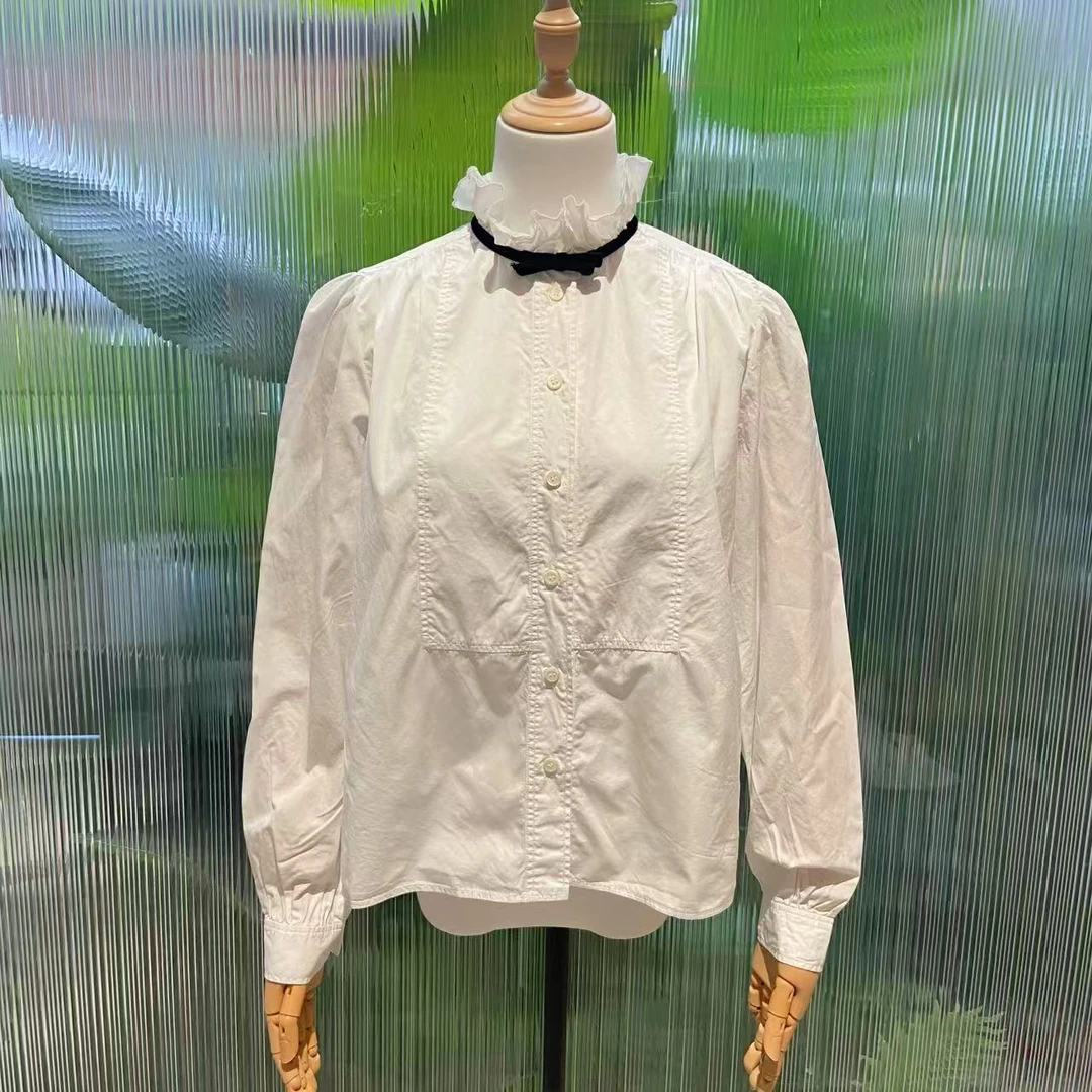 99新 MIU MIU/缪缪 壹臻湘/自色褶皱立领蝴蝶结衬衣 40 /16629812