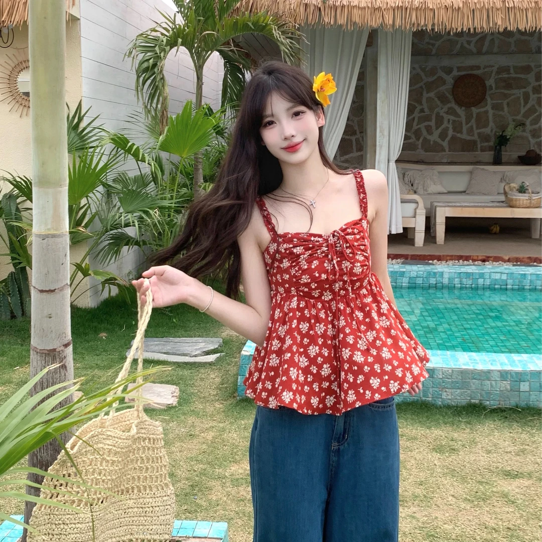 2025新款纯欲甜辣碎花抽绳吊带背心开衫（运补8-10）