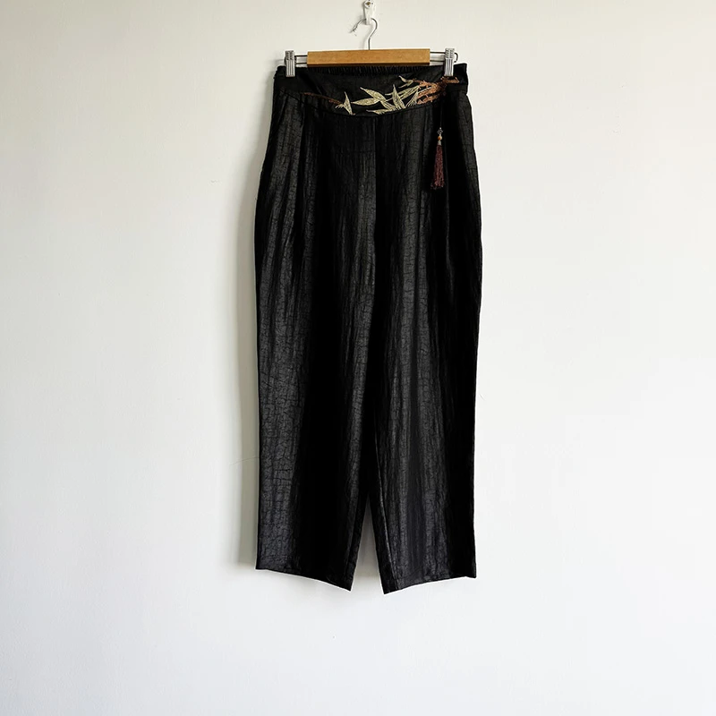 黑龟香云纱真丝100%桑蚕丝刺绣中式国风小脚裤百搭休闲裤女裤裤子
