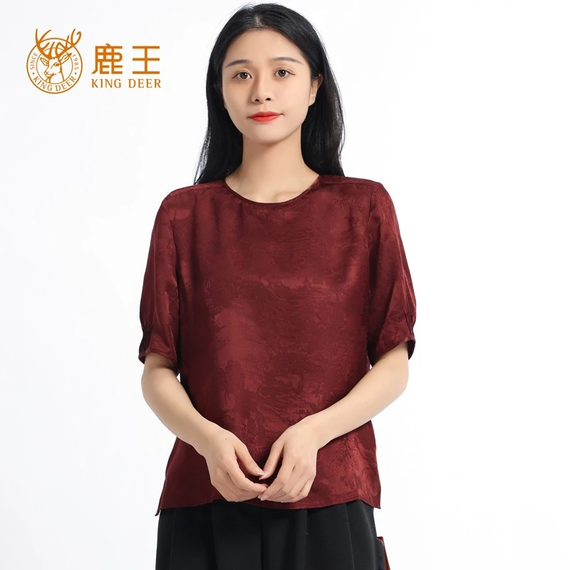 鹿王25春夏新款女圆领100重磅桑蚕丝短袖提花休闲上衣 FY85129
