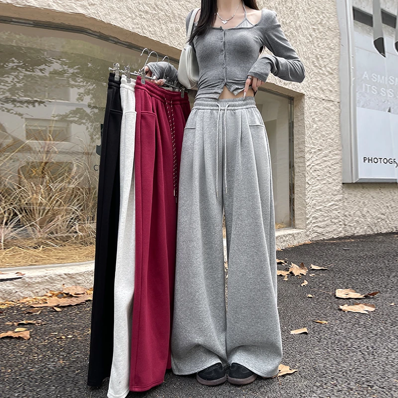 【小程专属】灰色运动裤女新款抽绳阔腿裤加绒加厚保暖直筒卫裤Z489