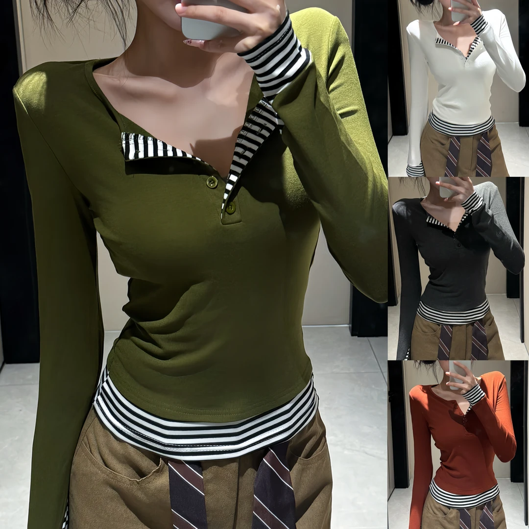 2025秋冬新款条纹撞色拼接假两件长袖上衣简约百搭打底T恤女7125