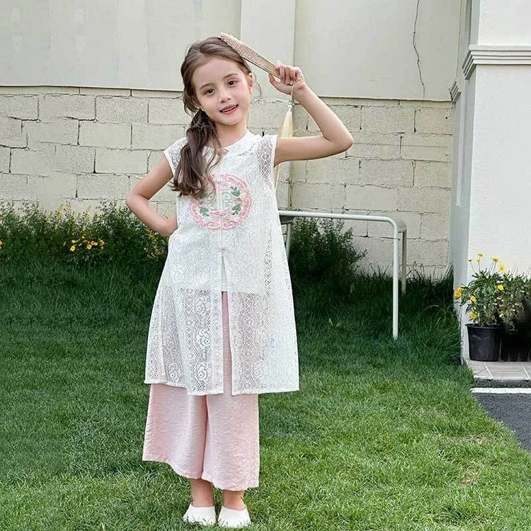 古韵雅致夏装女童飘逸荷枝桃桃新国风蕾丝上衣阔腿休闲裤儿童套装