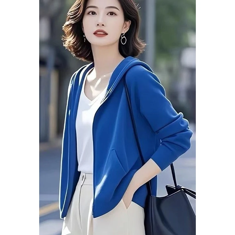 2025洋气流行减龄春季今年新款休闲连帽百搭卫衣外套上衣蓝色女装
