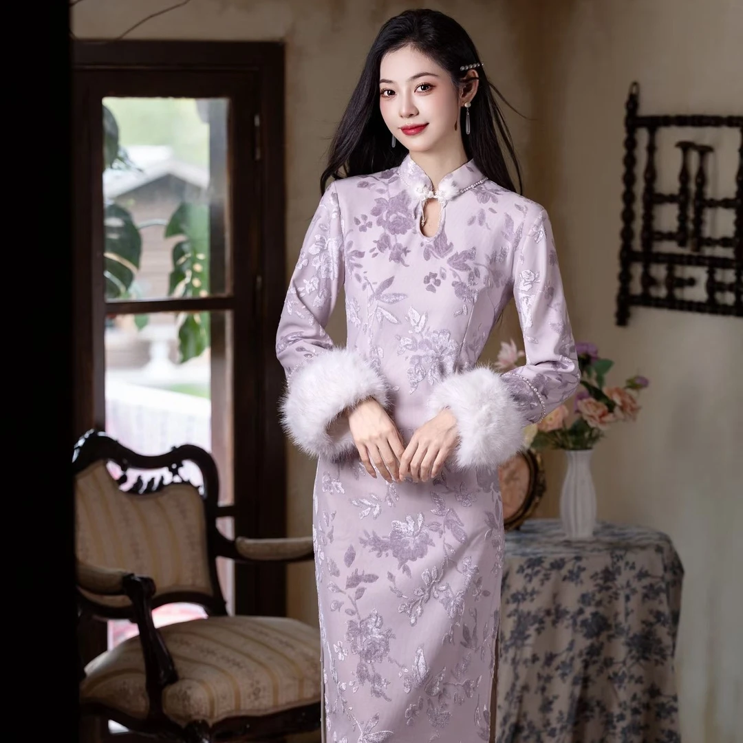 三小姐（豆蔻）长120+冬季加绒低水滴领淡紫色弹力植绒少女旗袍