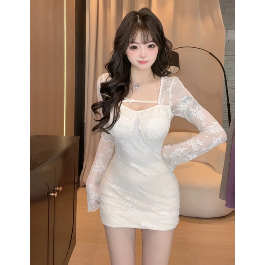 1314部落女神）性感修身显瘦气质款长袖蕾丝短裙