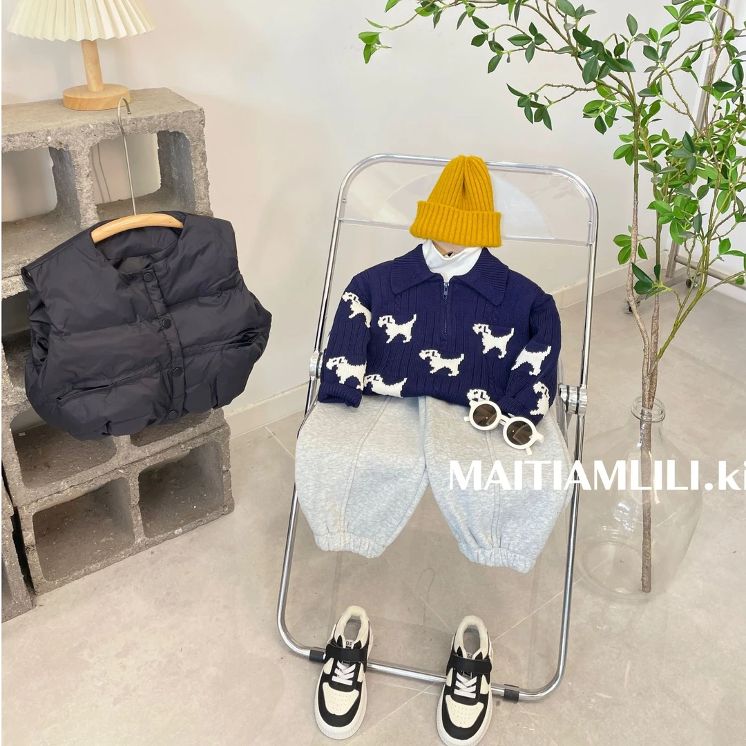 儿童毛衣2024冬季男女童卡通小狗刺绣POLO领年服针织衫毛衣