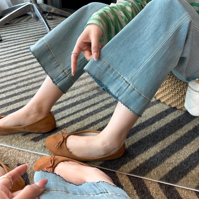 微喇牛仔裤女款爆款2025秋季新款胖mm显瘦九分小个子花边喇叭裤子