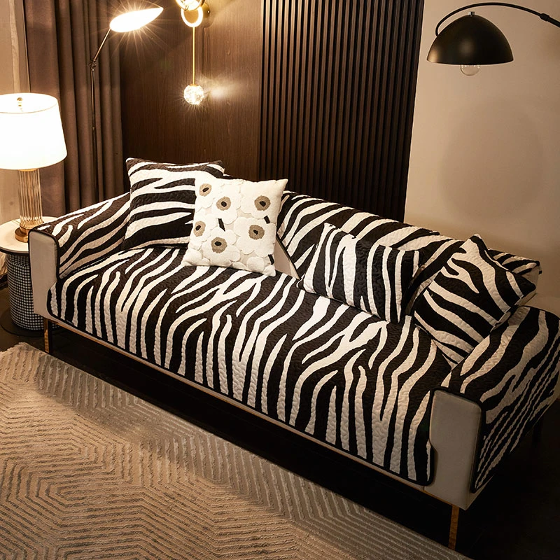 冬季毛绒沙发垫简约防滑毛绒防猫抓黑白条斑马纹沙发毯全盖盖巾