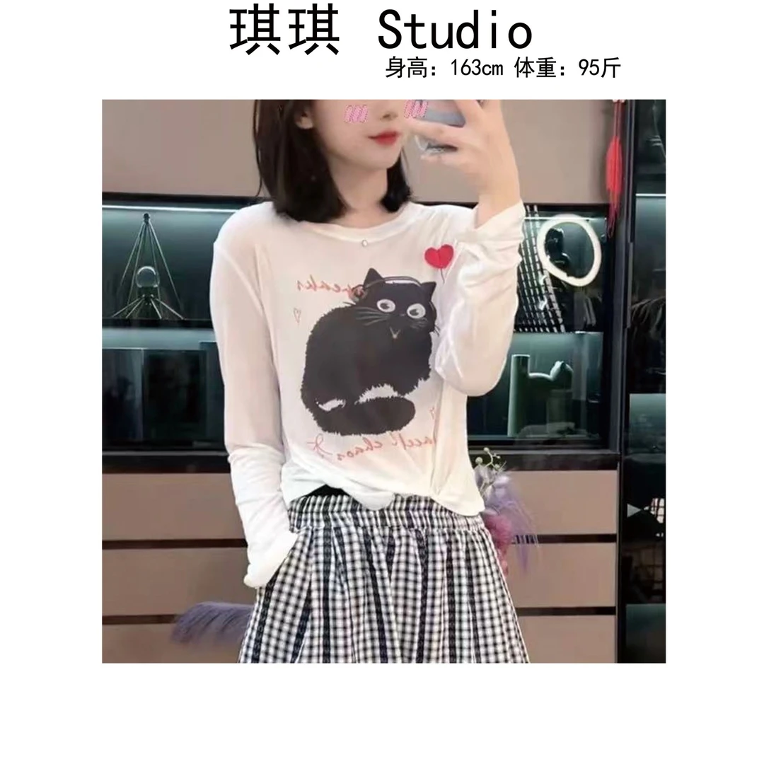 《琪琪家》夏季新款时尚百搭潮流印花卡通猫咪防晒长袖上衣25100-CS