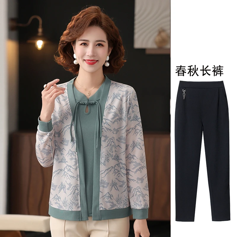 妈妈宽松套装老年人女装春秋秋装长袖上衣真两件套内搭短袖小衫