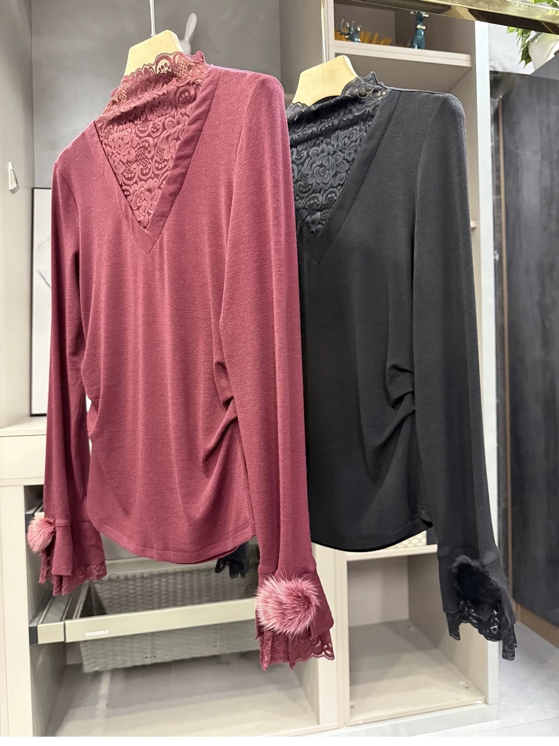 中长款半高领蕾丝紫色蕾丝打底衫女士加绒显瘦内搭