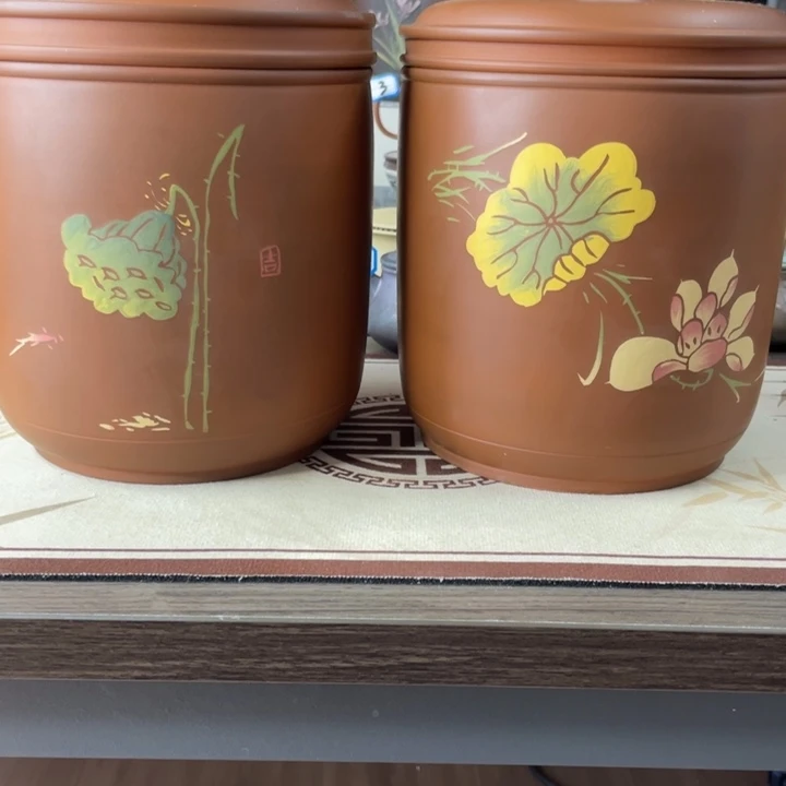 雨***青建水紫陶刻填散茶罐2只