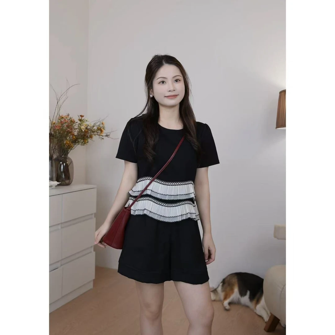 小个子法式拼接上衣休闲风复古短袖百搭夏季黑色小众小香风显瘦