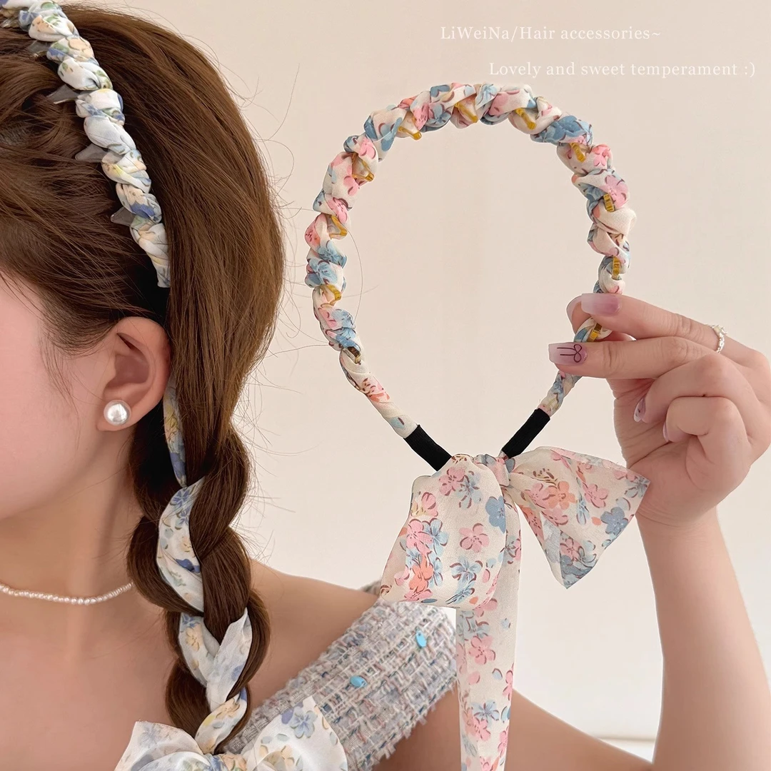 田园风碎花飘带发箍一体式马尾编发绑发头箍高颅顶洗脸发卡头饰女