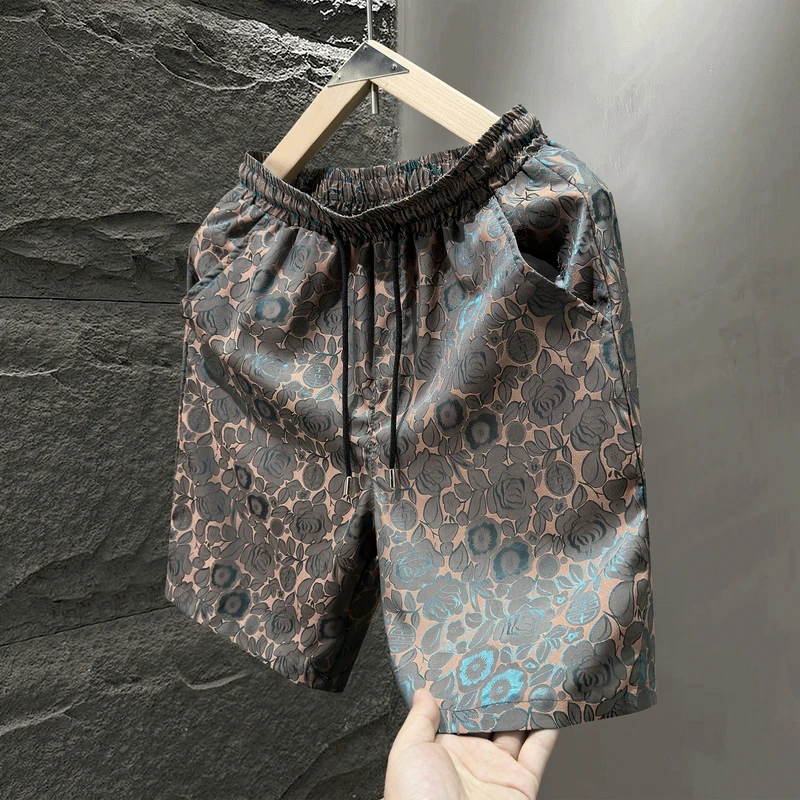 夏季新款男士潮流民族风个性暗花时尚提花短裤男潮流冰凉感五分裤