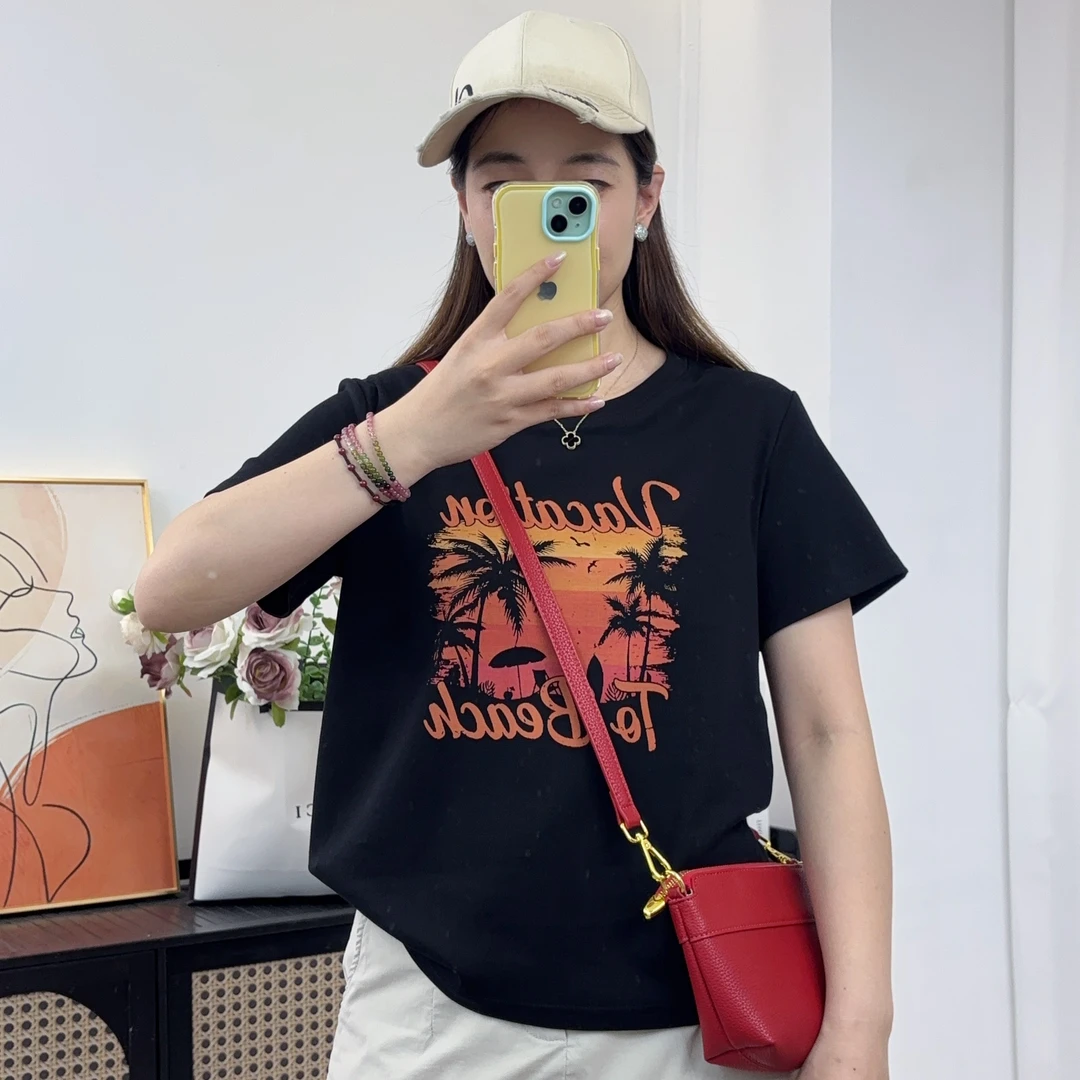 U.Ni【沙滩】夏季宽松正肩圆领棉T恤短袖180克