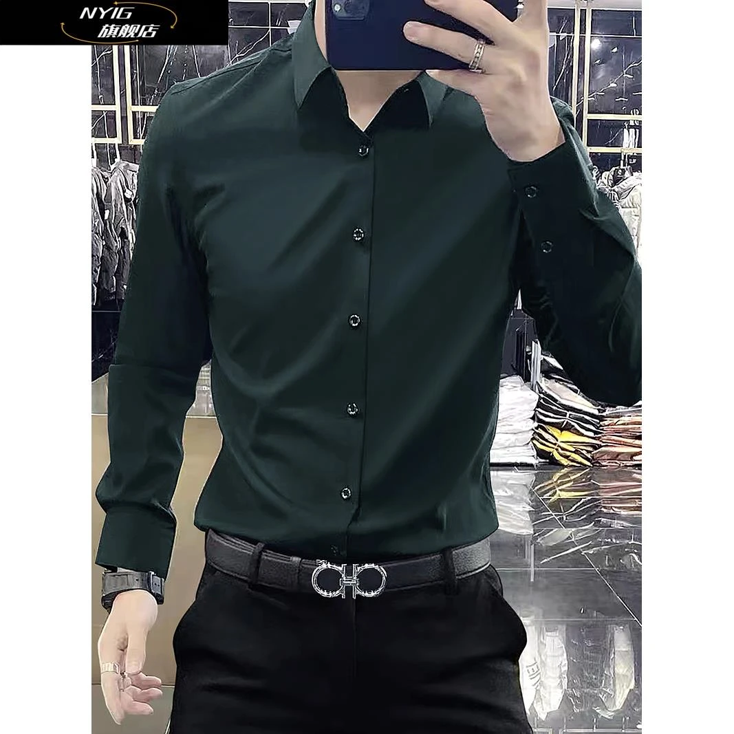 NYIG端商务无烫长袖衬衫男士修身优雅天鹅绒弹力纯色男士休闲衬衫