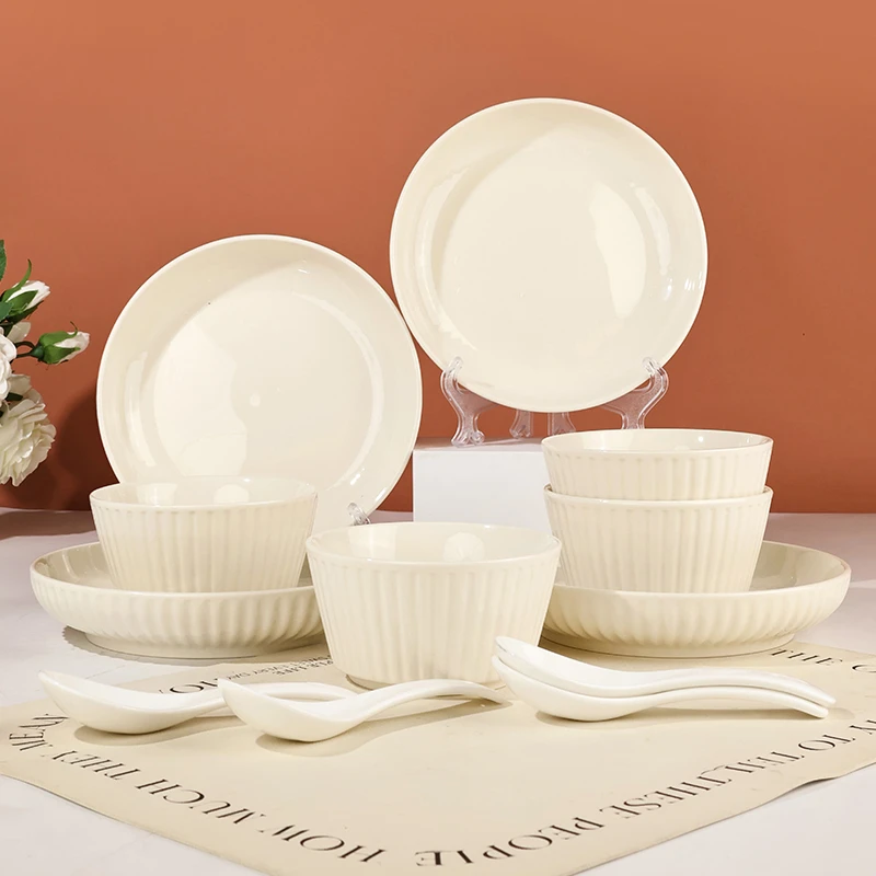 孟垣美式竖纹奶油风16件套家用釉下彩碗盘轻奢创意简约餐具套装