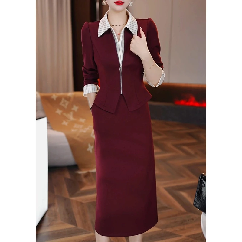 春秋款洋气长袖连衣裙女2025年春季新款妈妈假两件长裙子M-4XL