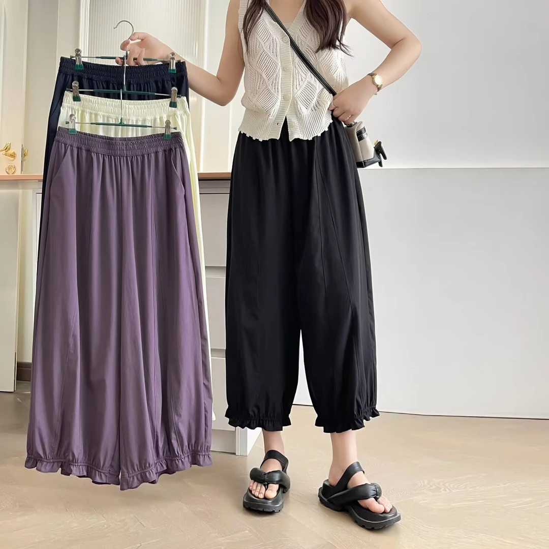 夏季新款松紧腰休闲宽松显瘦百搭减龄薄款女九分花苞裤dn阔腿裤