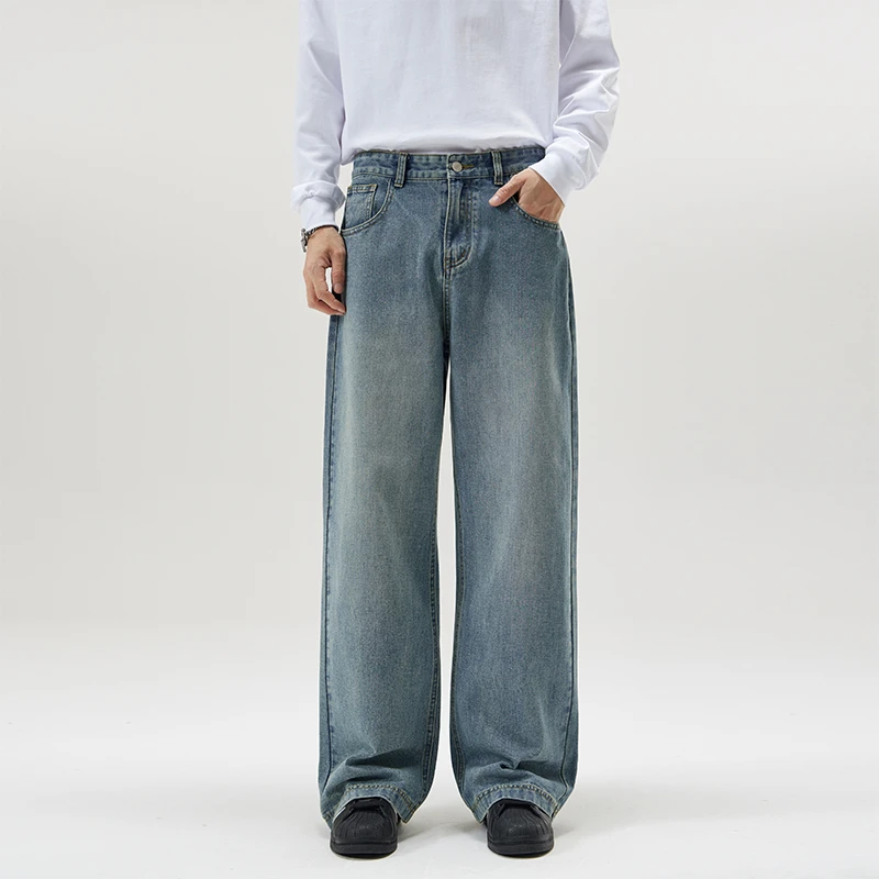 春夏新款复古水洗cleanfit宽松A字直筒牛仔裤男女潮牌长裤子男款